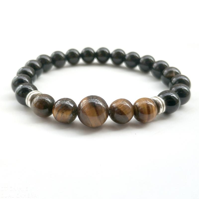 Bracelet onyx et oeil de tigre (boules 8mm et 10mm) - argenté