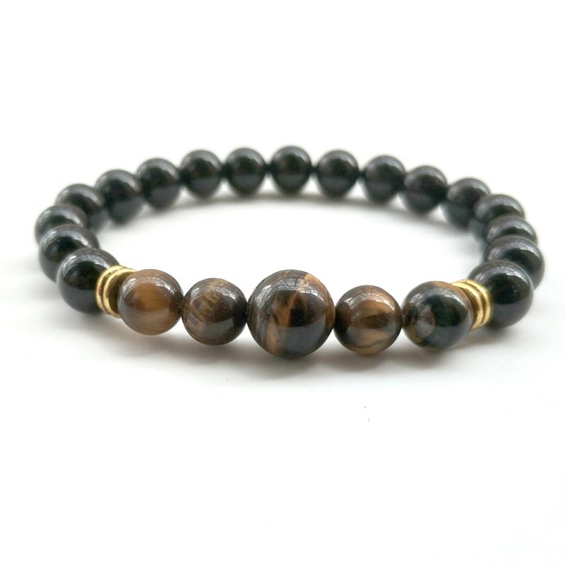 Bracelet onyx et oeil de tigre (boules 8mm et 10mm) - doré