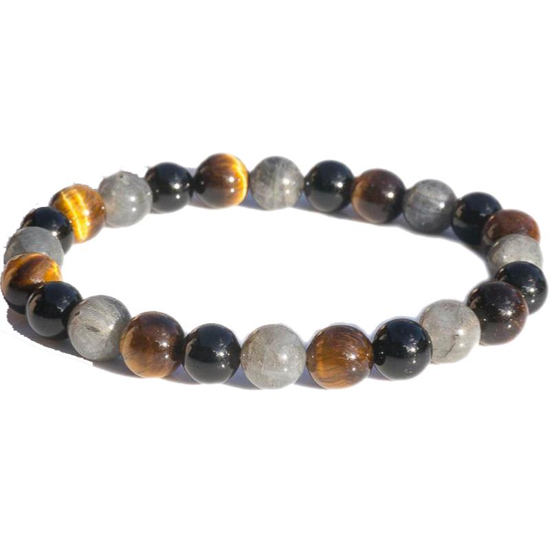 Bracelet protection: oeil de tigre, labradorite, tourmaline noire (boules 7-8mm)