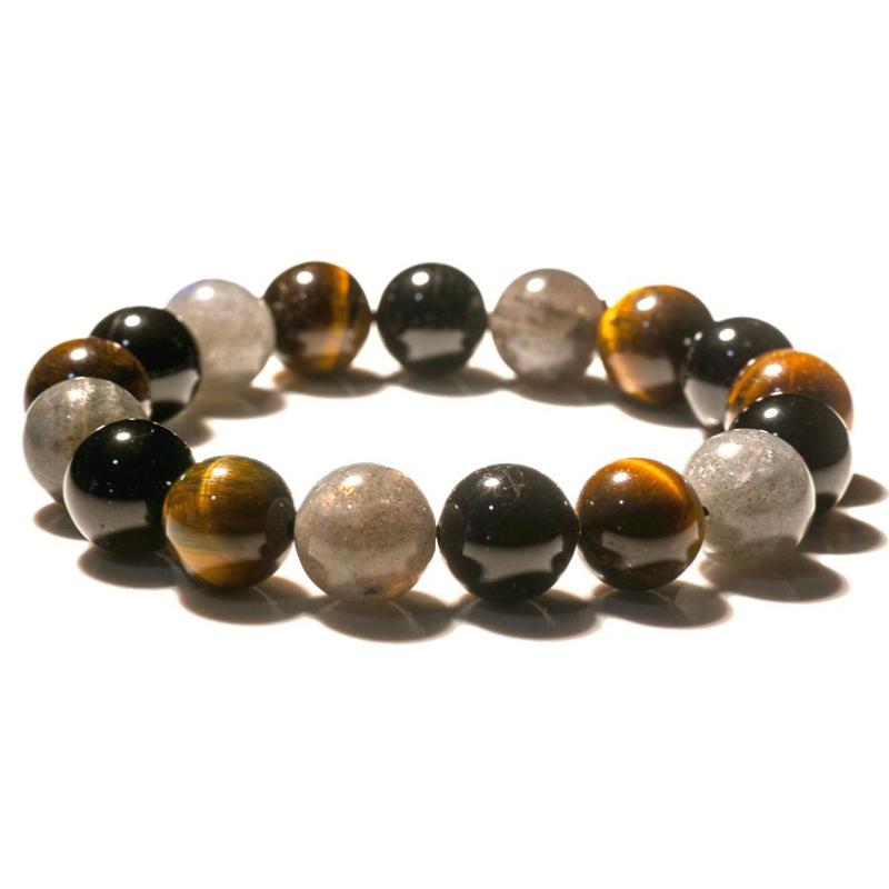 Bracelet Homme protection: oeil de tigre, labradorite, tourmaline noire A (boules 12mm)