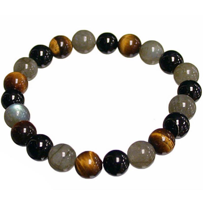 Bracelet protection: oeil de tigre, labradorite, tourmaline noire (boules 7-8mm)