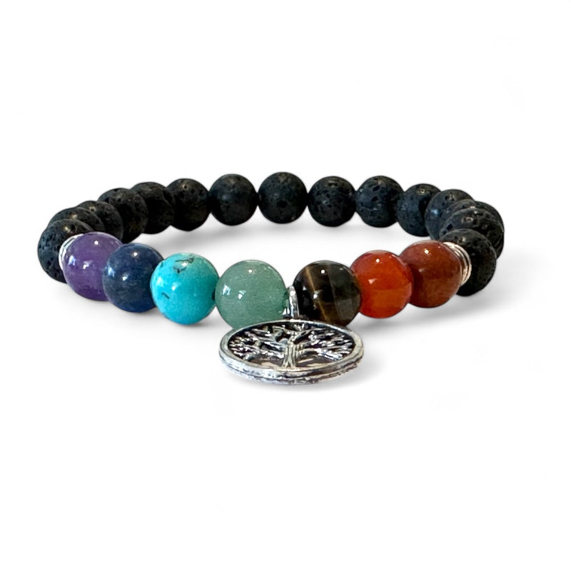 Bracelet arbre de vie pierre de lave 7 chakras A (boules 7-8mm)