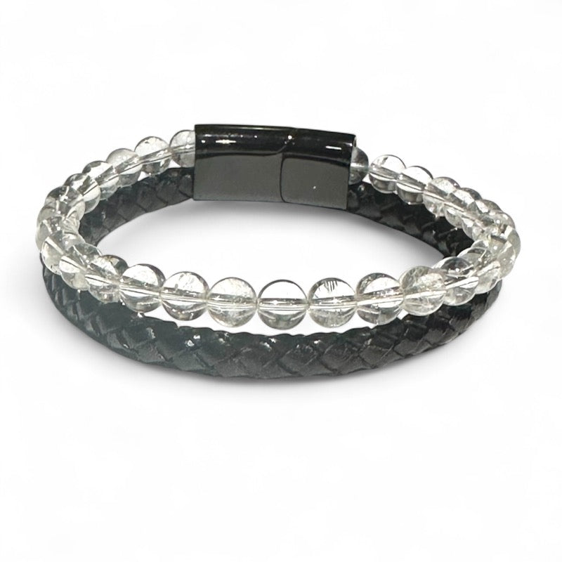 Bracelet Homme cuir cristal de roche (boules 5-6mm)