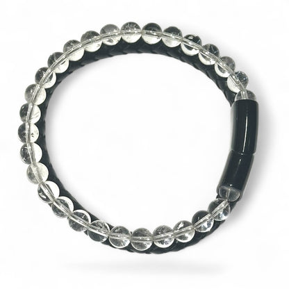 Bracelet Homme cuir cristal de roche (boules 5-6mm)