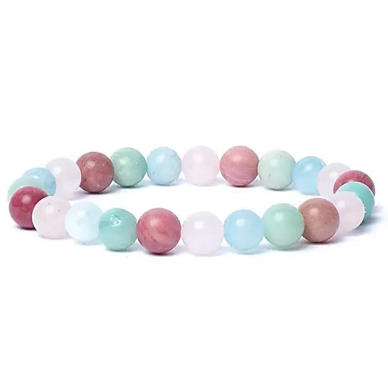 Pulsera AA multi aguamarina, amazonita, cuarzo rosa y thulita (bolas de 7-8 mm)