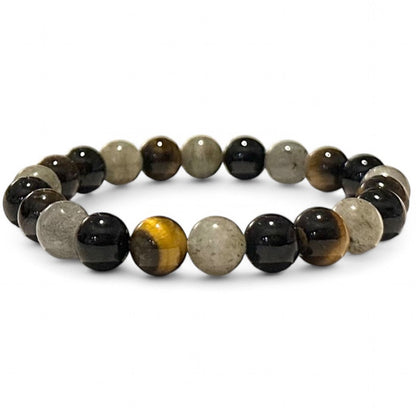 Pulsera de protección: ojo de tigre, labradorita, turmalina negra (bolas de 7-8 mm)