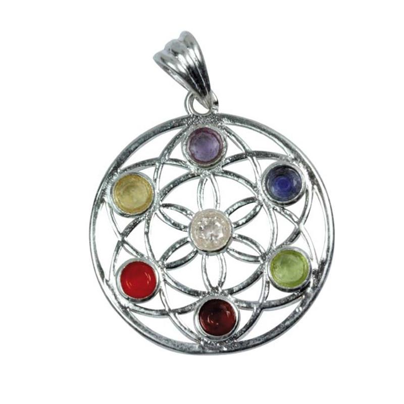 Pendentif 7 chakras fleur de vie acier inoxydable