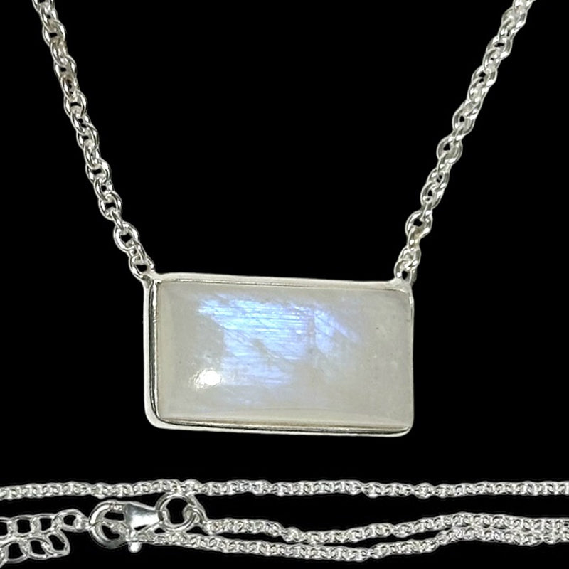 Collier pierre de lune arc en ciel (peristerite) Inde AA argent 925