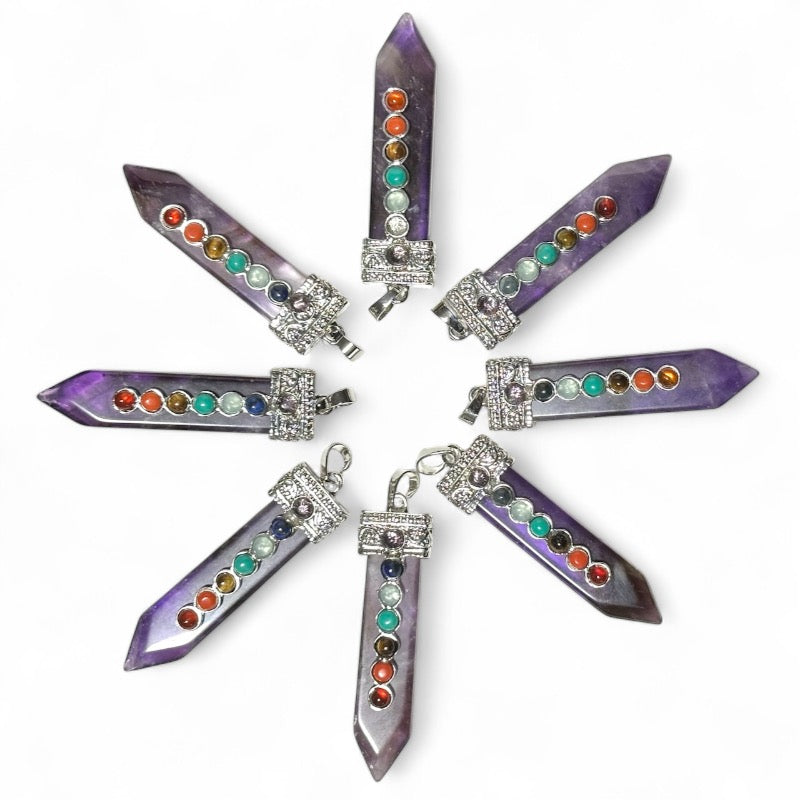 Pendentif 7 chakras améthyste Brésil A acier