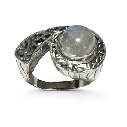 Bague pierre de lune arc en ciel (péristérite) Inde AA argent 925 - Taille 56