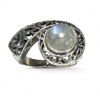 Rainbow Moonstone Ring (Peristerite) India AA 925 Silver - Size 56