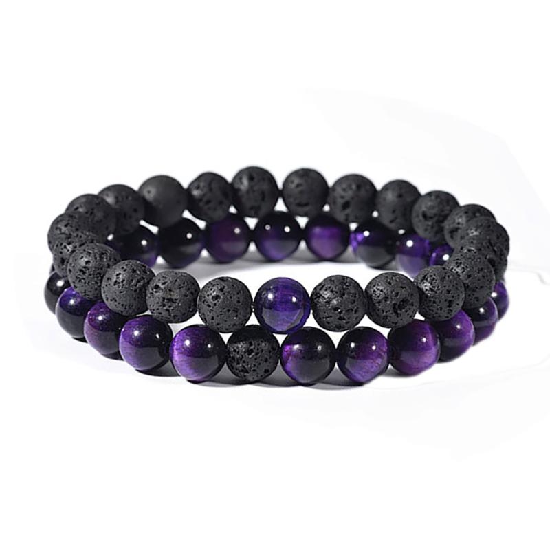 Lot de 2 bracelets pierre de lave et oeil de tigre teinté violet (boules 7-8mm)