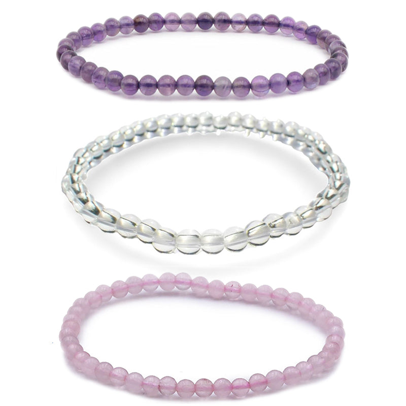 Set de 3 pulseras Amor/Amistad: amatista, cristal de roca, cuarzo rosa (bolas de 3-4mm)