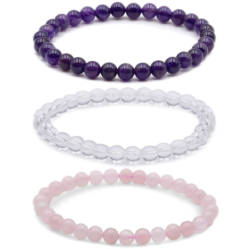 Set of 3 Love / Friendship bracelets: amethyst, rock crystal, rose quartz (5-6mm balls)