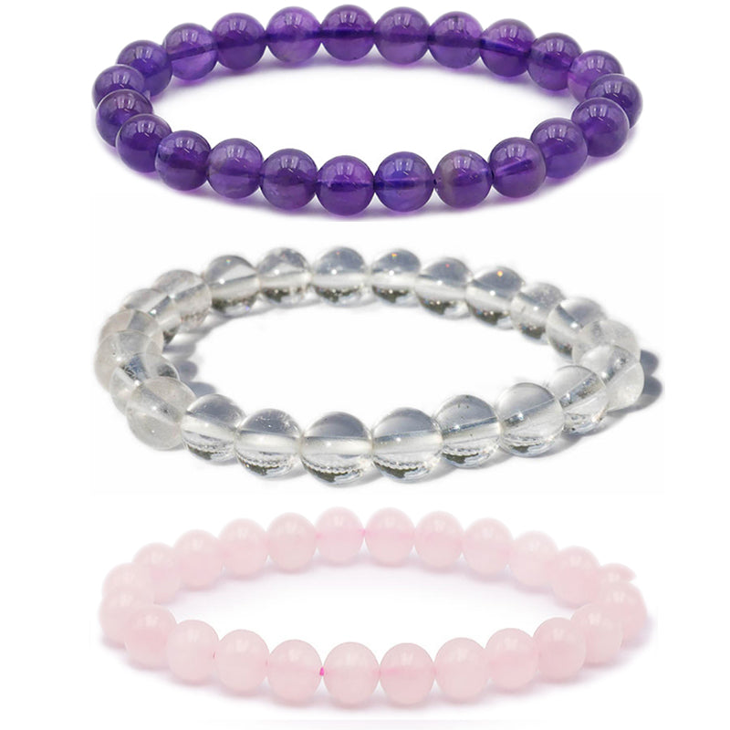 Set of 3 Love / Friendship bracelets: Amethyst, Rock crystal, Rose quartz (7-8mm balls)