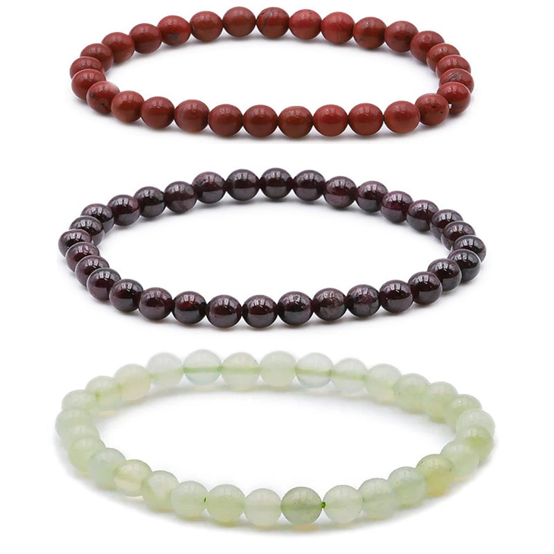 Set of 3 Well-being bracelets: Red Jasper, Red Almandine Garnet, Chinese Jade (5-6mm balls)