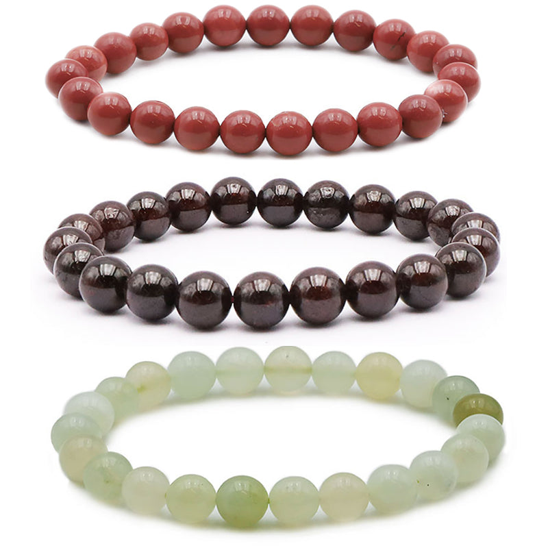 Set of 3 Well-being bracelets: Red Jasper, Red Almandine Garnet, Chinese Jade (7-8mm balls)