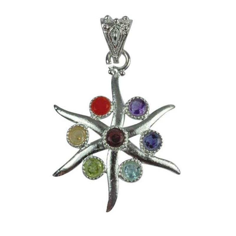 Pendentif 7 chakras soleil acier inoxydable