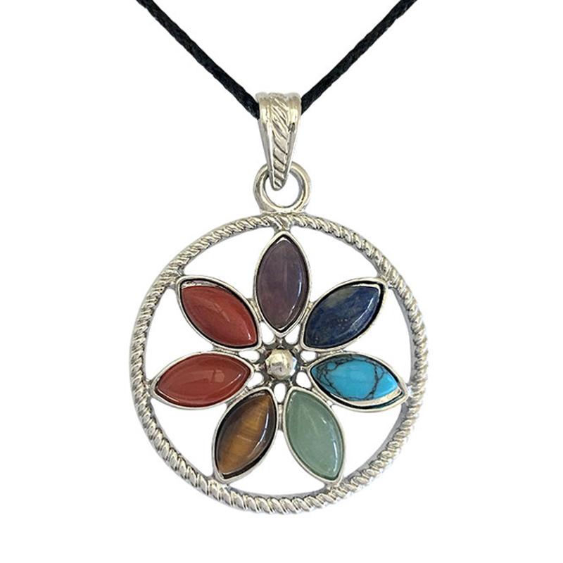 Pendentif 7 chakras &quot;fleur&quot; + cordon