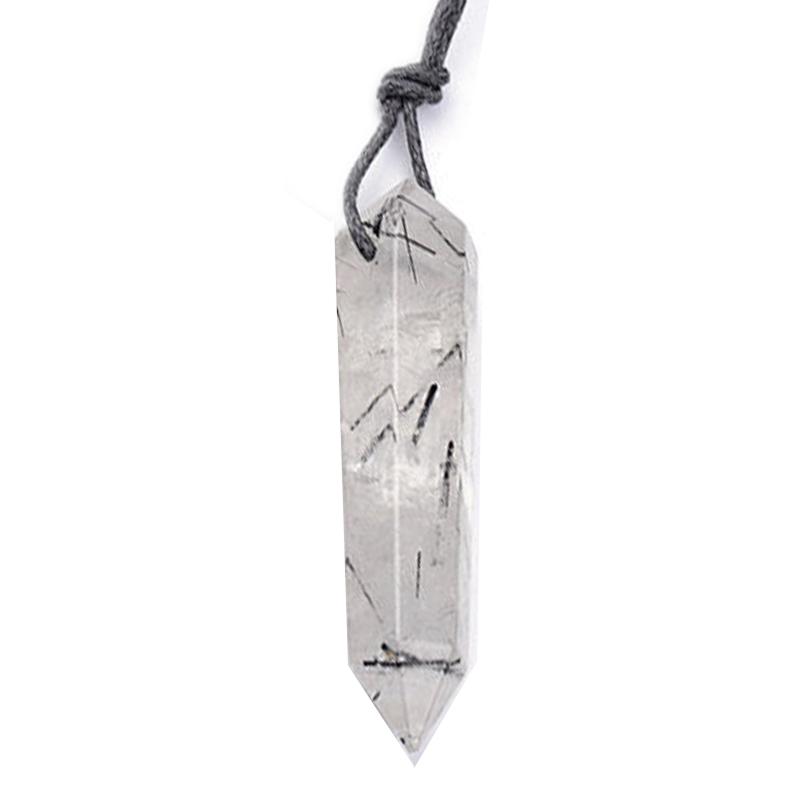 Pendentif pointe biterminée Quartz Tourmaline Brésil A + cordon (pierre trouée)