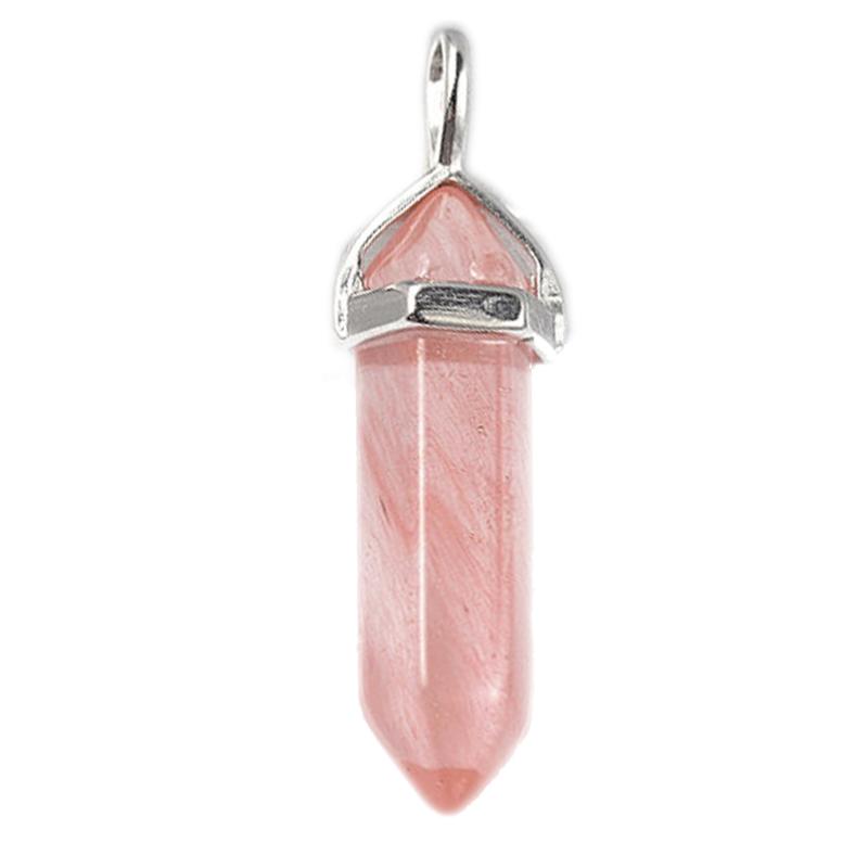 Pendentif pointe biterminée quartz fraise (quartz hématoide) acier inoxydable