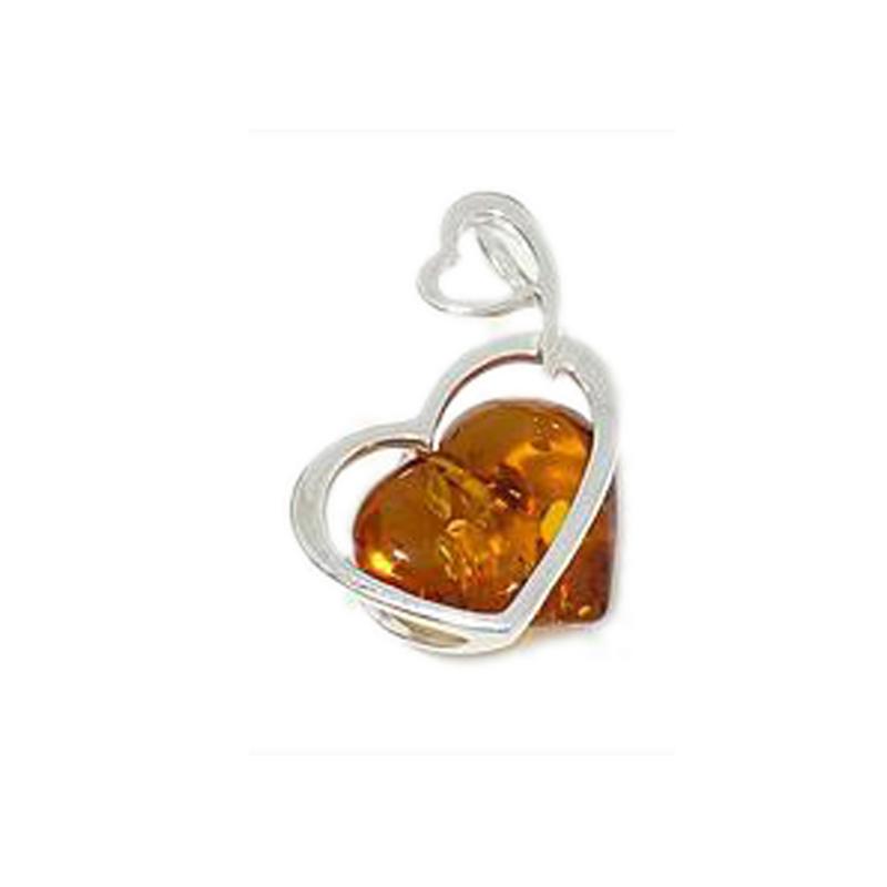 Pendentif coeur ambre cognac argent 925