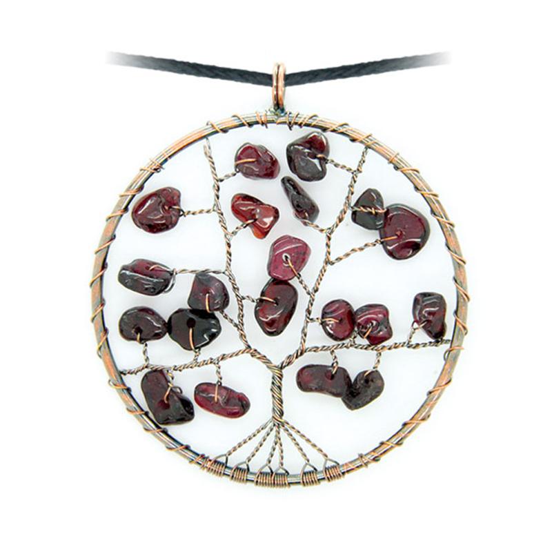 Pendentif arbre de vie grenat rouge almandin 50mm + cordon