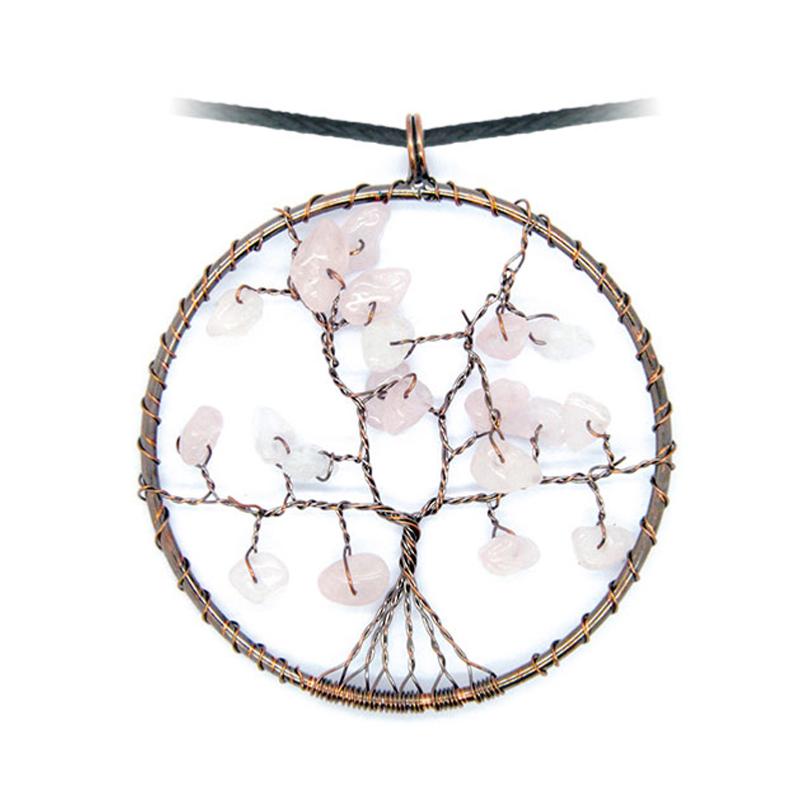 Pendentif arbre de vie quartz rose 50mm + cordon