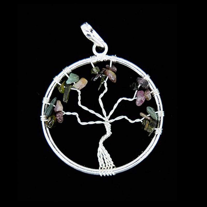 Pendentif arbre de vie tourmaline multicolore Brésil A 35-40mm acier inoxydable