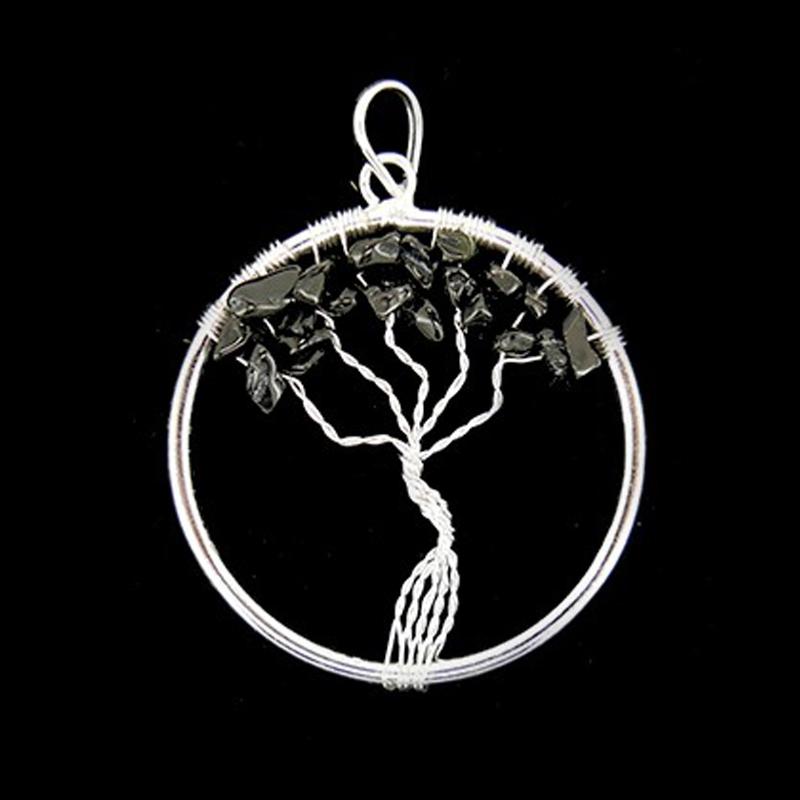 Pendentif arbre de vie tourmaline noire Brésil A 35-40mm acier inoxydable