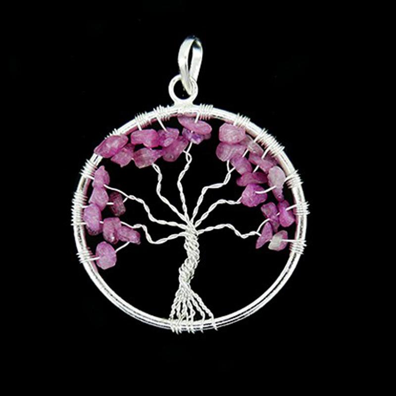 Pendentif arbre de vie tourmaline rose (rubélite) Brésil A 35-40mm acier inoxydable