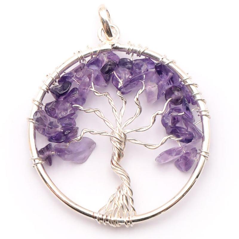 Pendentif arbre de vie améthyste Brésil A 40mm acier inoxydable