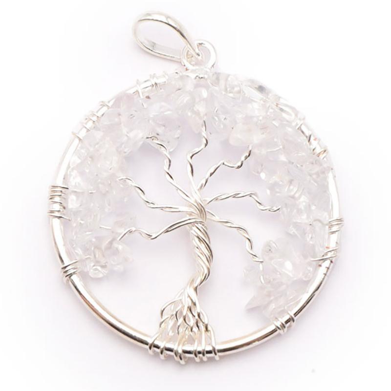 Pendentif arbre de vie cristal de roche Brésil A 40mm acier inoxydable