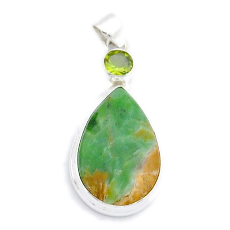 Pendentif calcédoine verte chrome + péridot AAA argent 925