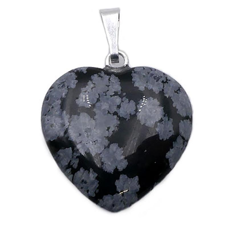 Pendentif obsidienne neige Mexique A cœur acier inoxydable (20mm)