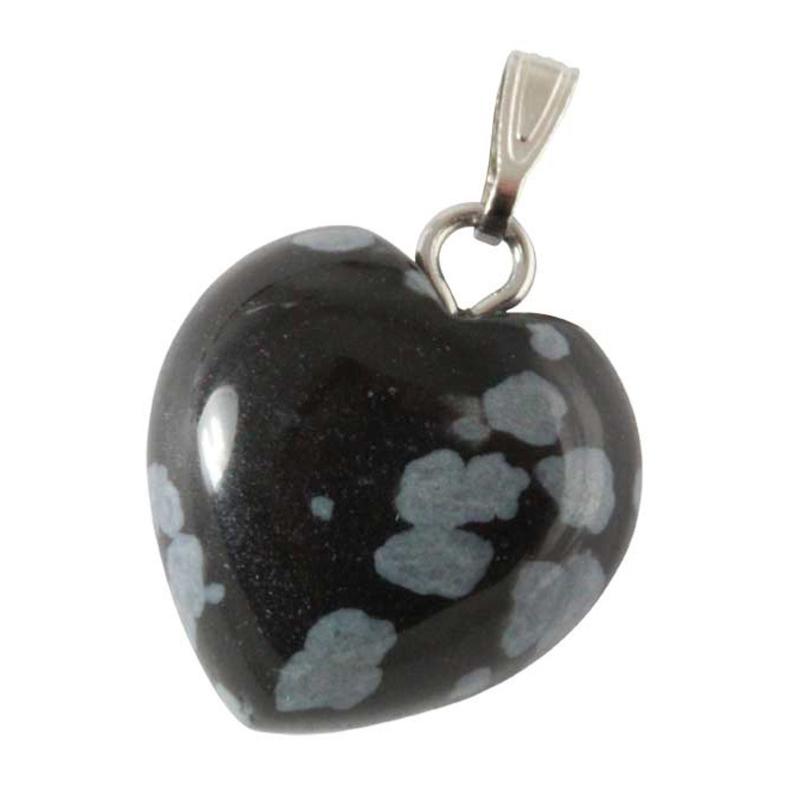 Pendentif obsidienne neige Mexique A cœur acier inoxydable (15mm)