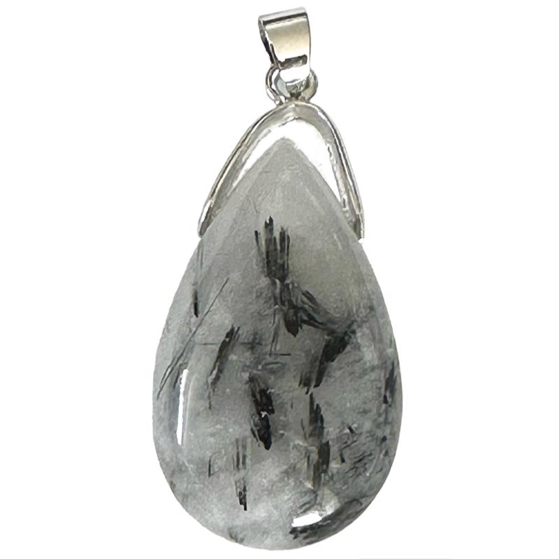 Pendentif goutte quartz avec inclusions de tourmaline Brésil AA (pierre trouée) + cordon