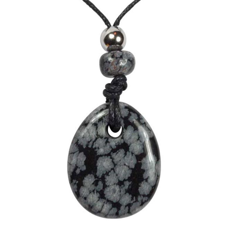 Pendentif &quot;Joie&quot; obsidienne neige 35mm + cordon