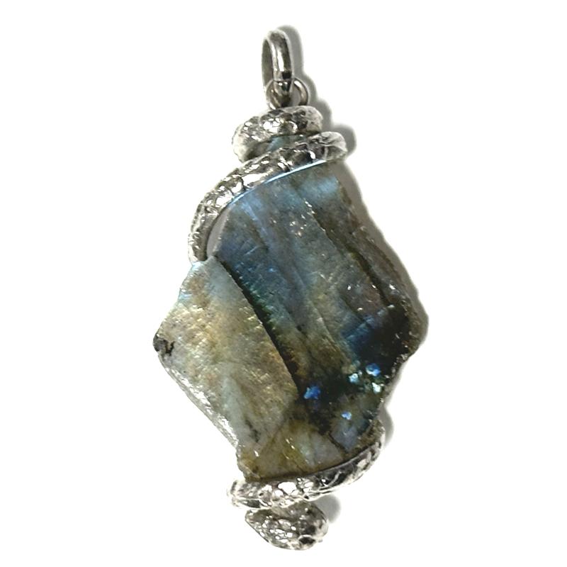 Pendentif labradorite brute polie sur une face Madagascar AA acier inoxydable