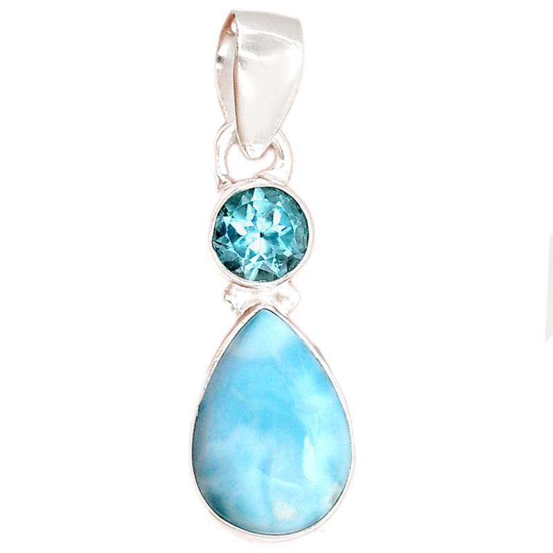 Pendentif larimar et Topaze bleue AA argent 925