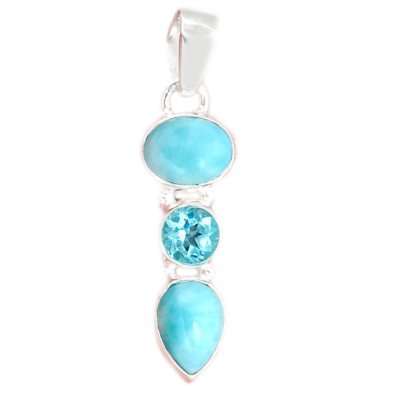 Pendentif larimar et Topaze bleue AA argent 925