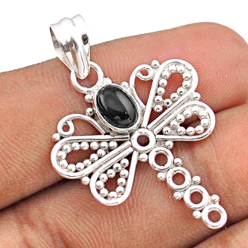 Pendentif libellule onyx noir Brésil AA argent 925