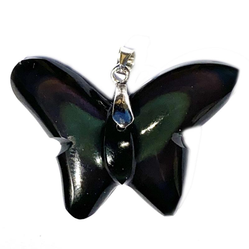 Pendentif papillon obsidienne oeil céleste Mexique AAA acier inoxydable