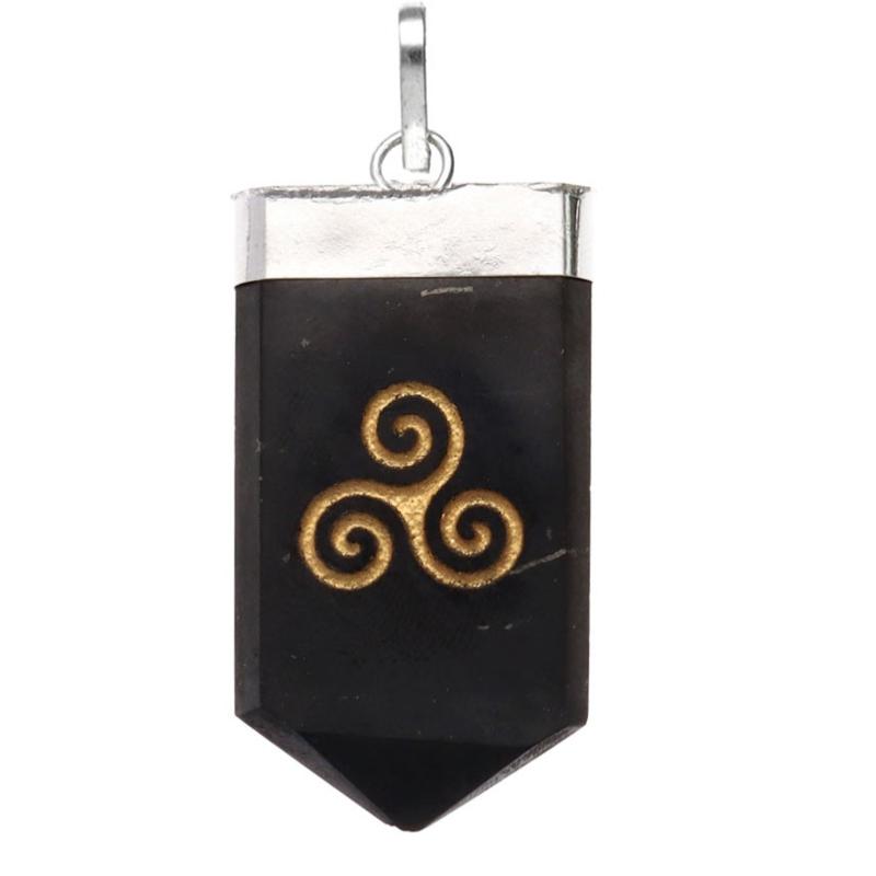 Pendentif shungite symbole de Triskélion plaqué argent