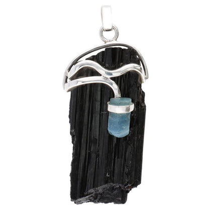 Pendentif tourmaline noire brute et aigue marine argent 925