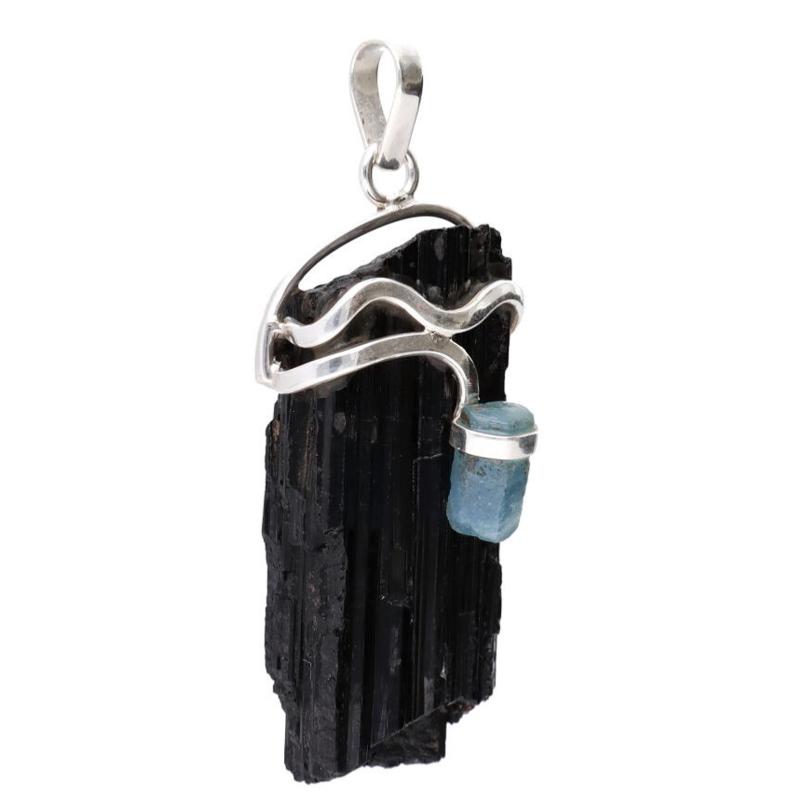 Pendentif tourmaline noire brute et aigue marine argent 925