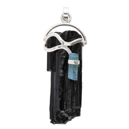 Pendentif tourmaline noire brute et aigue marine argent 925