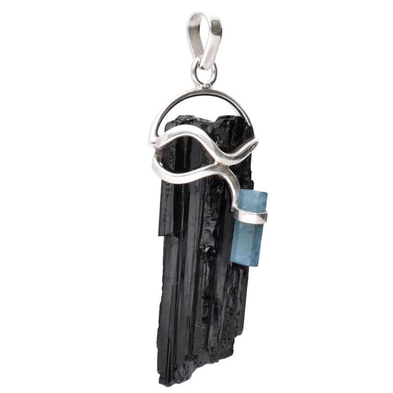 Pendentif tourmaline noire brute et aigue marine argent 925