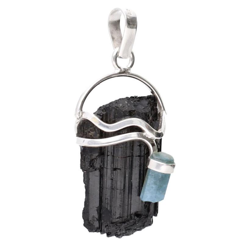 Pendentif tourmaline noire brute et aigue marine argent 925