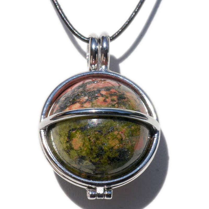 Pendentif boule unakite dans cage acier inoxydable + cordon